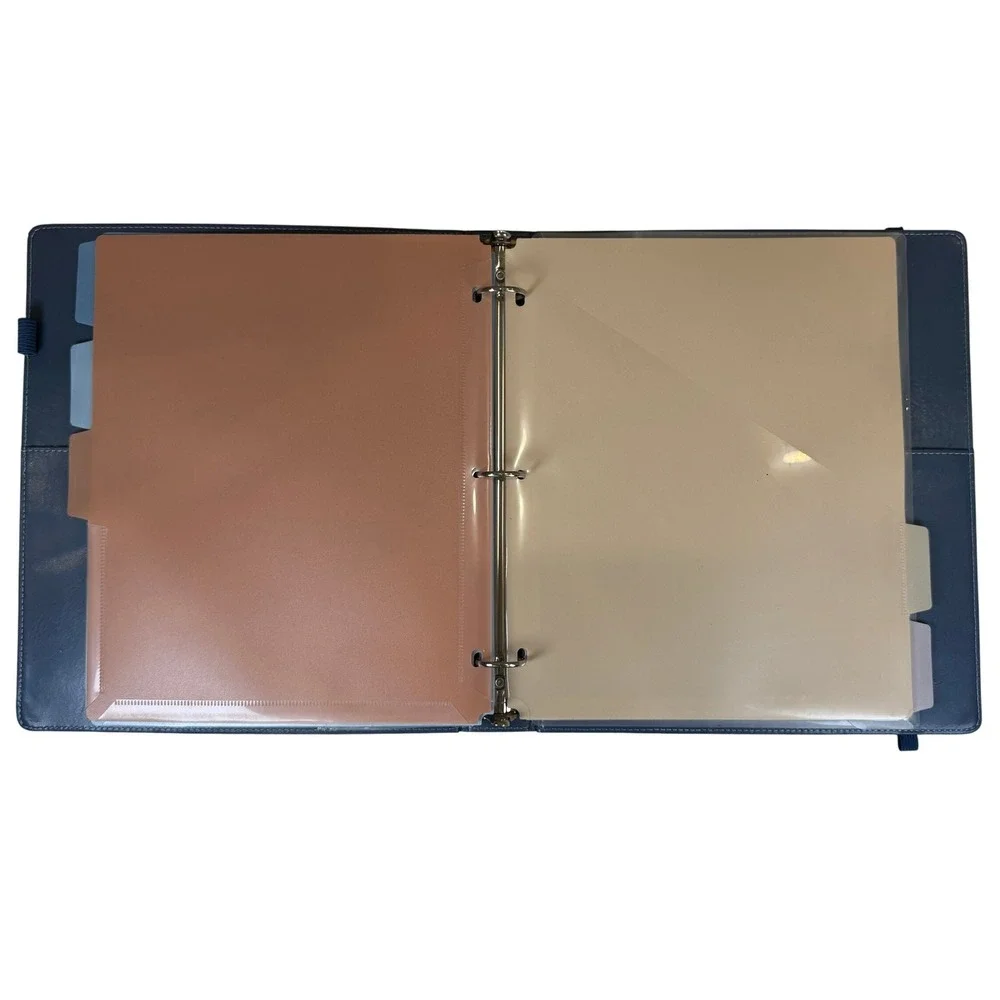 Blue Faux Leather 3-Ring Binder Clipboard Organizer with Dividers and Pockets